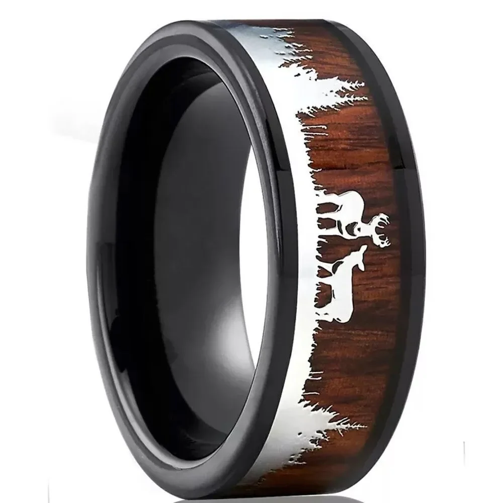 ❤️032❤️‎ 8mm Antler Tungsten Ring Elks in Forest Silver Mens Wedding Band